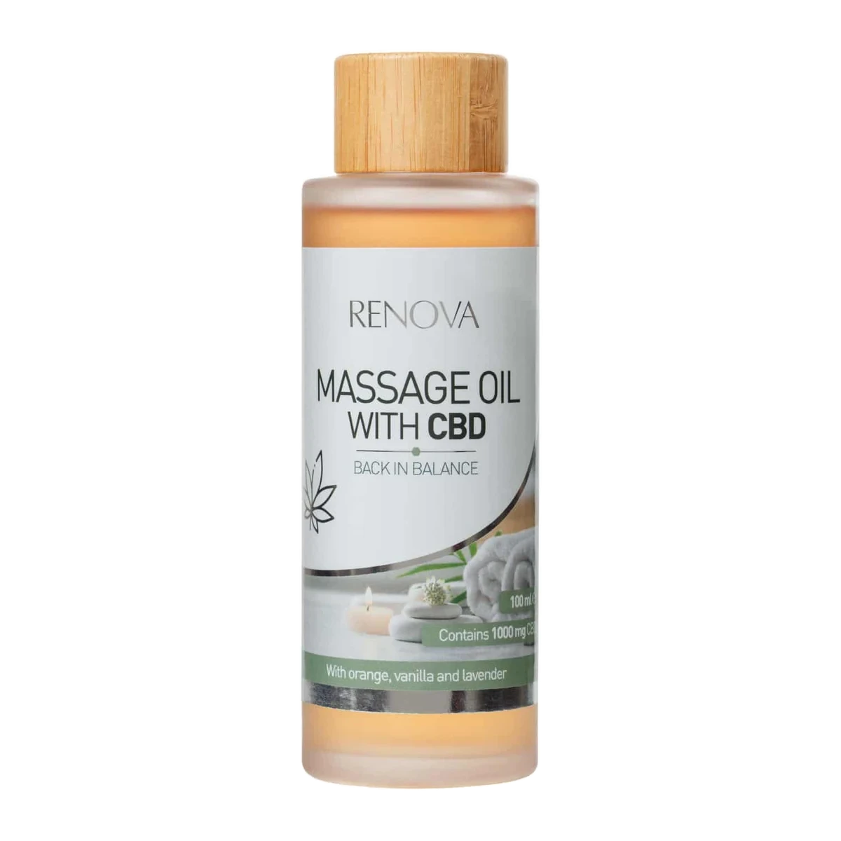 Bottle of Renova CBD massage oil 100 ml